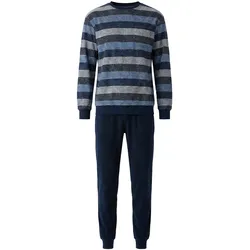 hajo Herren Schlafanzug lang - Klima-Frottee, Baumwollmix, Rundhals, Streifen, Bündchen Dunkelblau / M