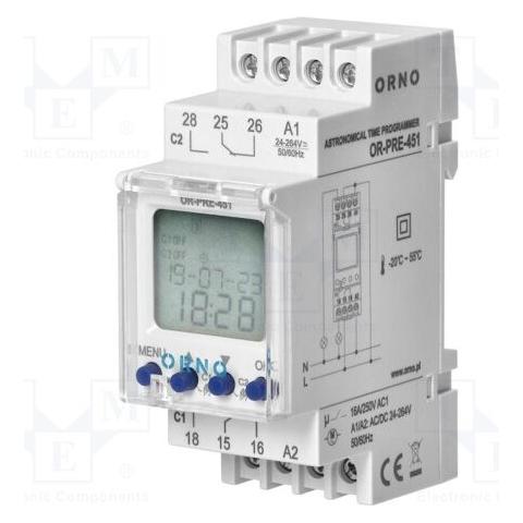 Orno Elektronischer Astro- und Zeitprogrammierer, 100 Programme, 3 Menüsprachen, 2 Relaisausgänge max. 16 (OR-PRE-451)