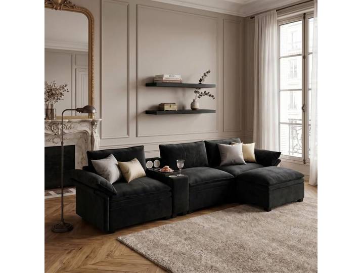 Canapé - FURNITURER - 315 cm L - Tissu chenille noir - Rangement intégré - Recharge sans fil