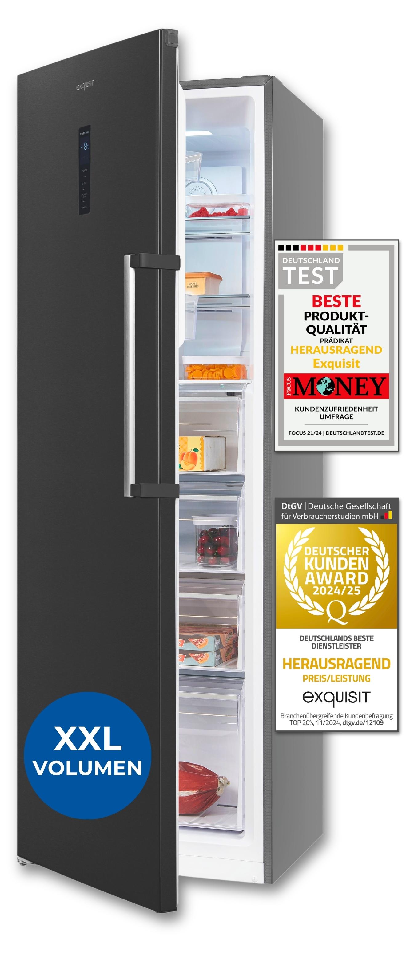 Exquisit Gefrierschrank, Tiefkühlschrank, 274 Liter, NoFrost, Schnellgefrieren, Alarm-Funktion, GS295-NF-H-040D inoxlook-az