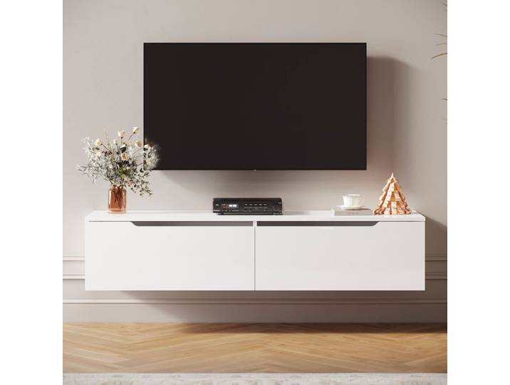 SIRHONA Meuble TV avec 2 portes Meuble TV mural complet avec LED bande lumineuse Blanc H35xL140xP30cm