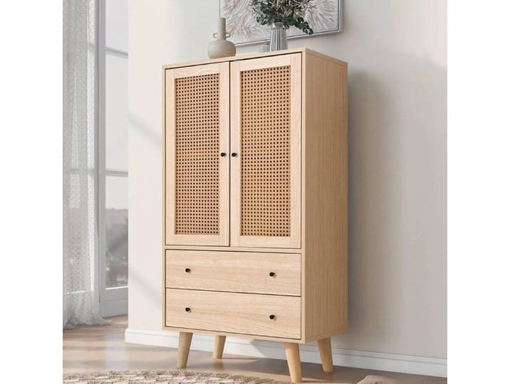 Buffet en rotin Commode en rotin avec 2 portes et 2 tiroirs buffet salon avec 4 espaces de rangement Bois Chêne 120x60x40cm