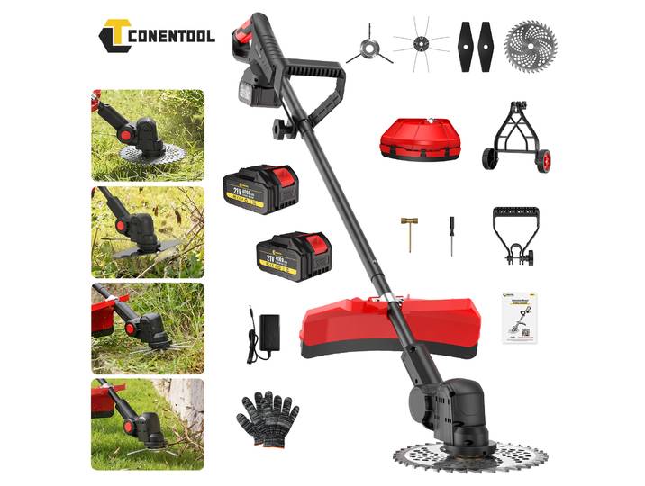 CONENTOOL Tondeuse à gazon sans fil 21V sans balais, 10 pouces, avec 2 batteries, roues de support et poignée pliable