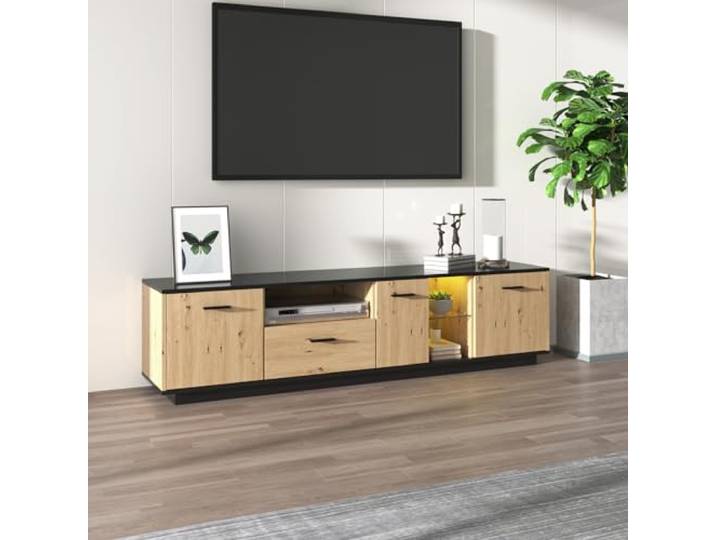 OLIVIBED TV-Schrank 180 cm Länge, Fernsehtisch mit LED-Licht für Fernseher bis zu 80 Zoll, TV-Lowboard, Fernsehschrank mit Türen für Wohnzimmer Schlafzimmer, 180x45x40cm, Schwarz und Natur
