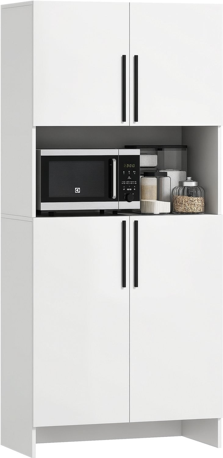 Wit opbergmeubel voor keuken, woonkamer of eetkamer met planken en magnetronplank