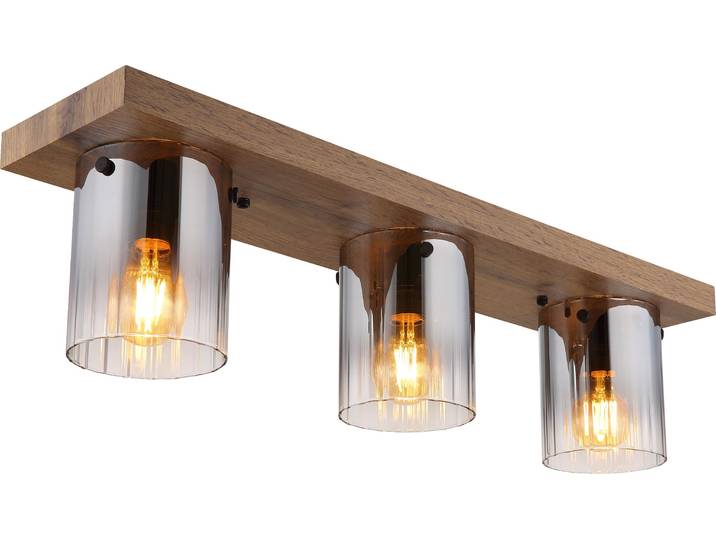 Plafonnier\, aspect bois\, verre fumé\, 3 flammes