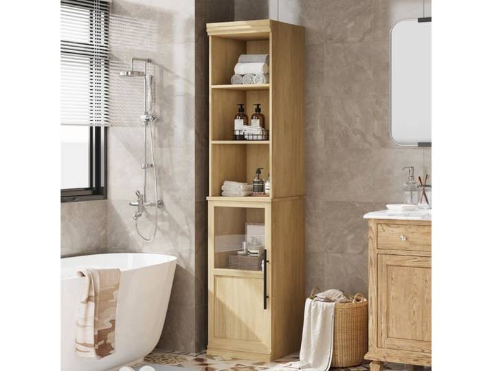 KOIOPLIE Armoire étroite 178 cm avec porte vitrée et étagères ouvertes meuble rangement pour salle bain entrée Wood color