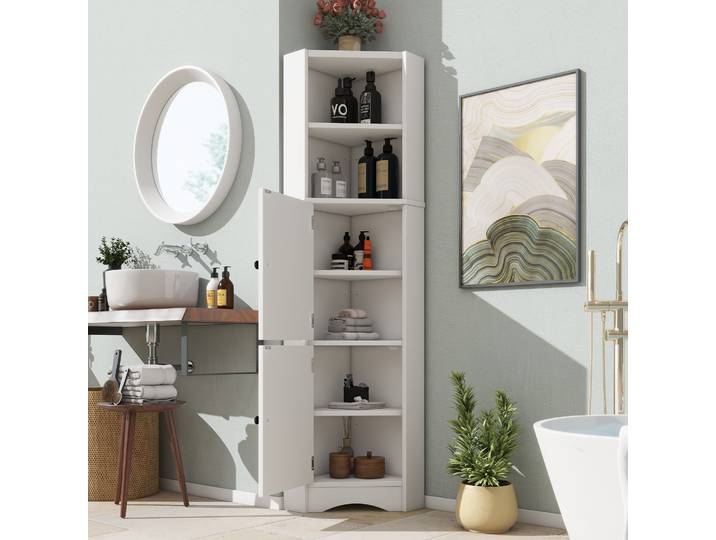 Armoire de salle de bain d'angle triangulaire, armoire en MDF résistant à l'humidité, finition peinture pulvérisée imperméable, design à cloisons réglables, unité de rangement de grande capacité,