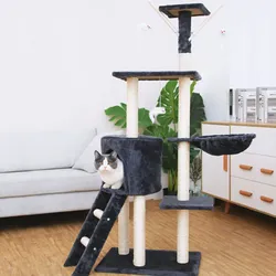 NYVI Katzen Kratzbaum Simba 142 cm Dunkelgrau - Deluxe Katzenbaum mit Katzenhöhle, Spielzeug, Plattform, Sisal Kratzsäule und Hängematte