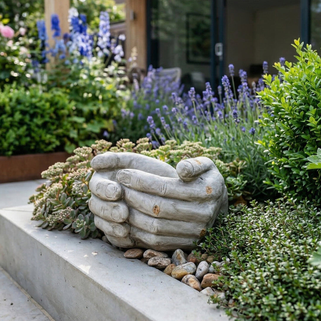 Bloomsbury Market Carmack CUPPED HANDS Planter 19cm Weathered Light Stone Effect 19cm H X 30cm W X 30cm D