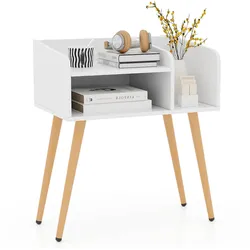 COSTWAY mesita noche con compartimento abierto, patas metal, 50x32x58 cm, blanco, natural