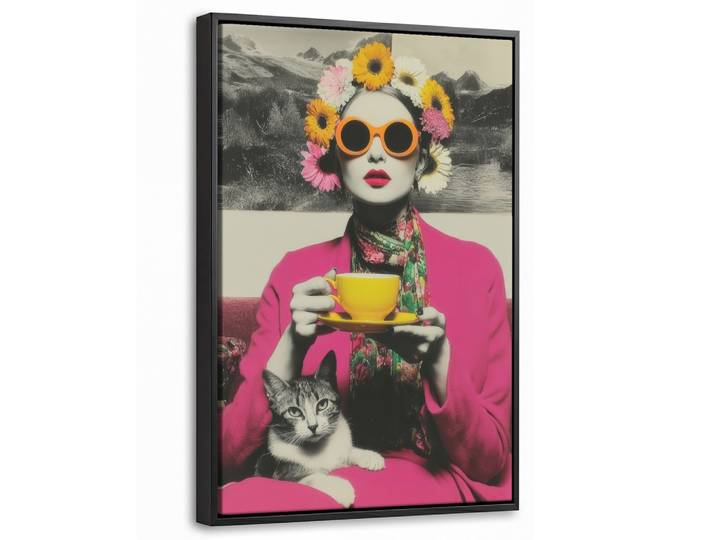 LEINWAND Bilder mit Rahmen - Frau - Katze - Blumen - Tasse - Retro - 40x60