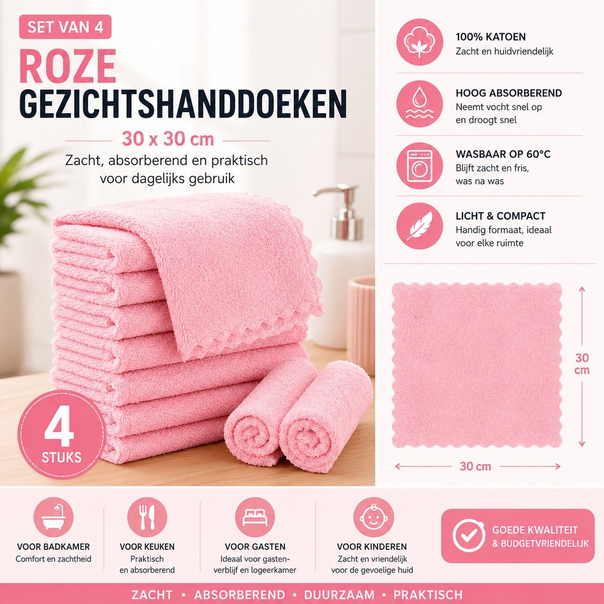 Set van 4 roze katoenen gezichtshanddoeken, 30 x 30 cm