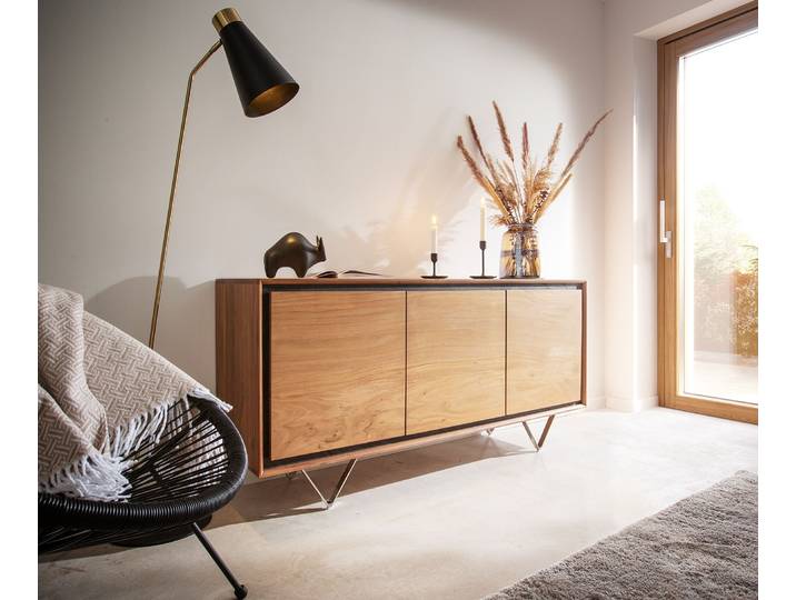 Buffet Stonegrace 145 cm acacia nature 3 portes placage en pierre pieds en V