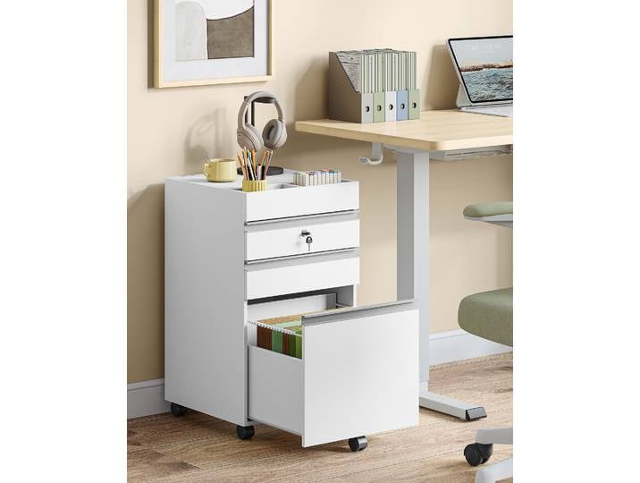 Socle mobile, armoire de bureau verrouillable avec 3 tiroirs, espace de rangement supplémentaire sur le dessus, pour le bureau, le bureau à domicile, blanc