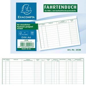 Exacompta Fahrtenbuch 253B, A6 quer, für PKW, vom Finanzamt anerkannt, 40 Blatt