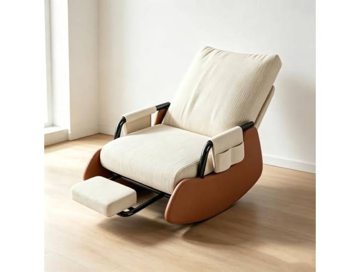 Lounge Schaukelstuhl mit Gepolsterten Armlehnen Bequemer Schaukelsessel mit 60cm breiter Sitzfläche und platzsparender Beinauflage fürs Wohnzimmer.