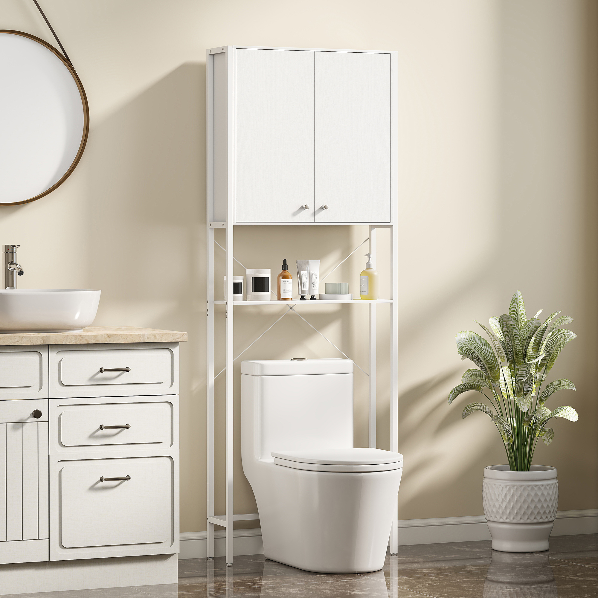 Homcom Mobile Bagno Sopra WC e Lavatrice con Armadietto e Ripiano Aperto, 64x20x180 cm, Bianco   Aosom Italy