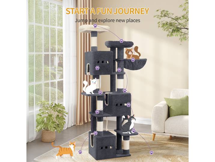 Poste à gratter pour chat avec grande plateforme, 2 grottes, 7 postes à gratter, pompons, hamac, adapté à toutes les races de chat, gris foncé