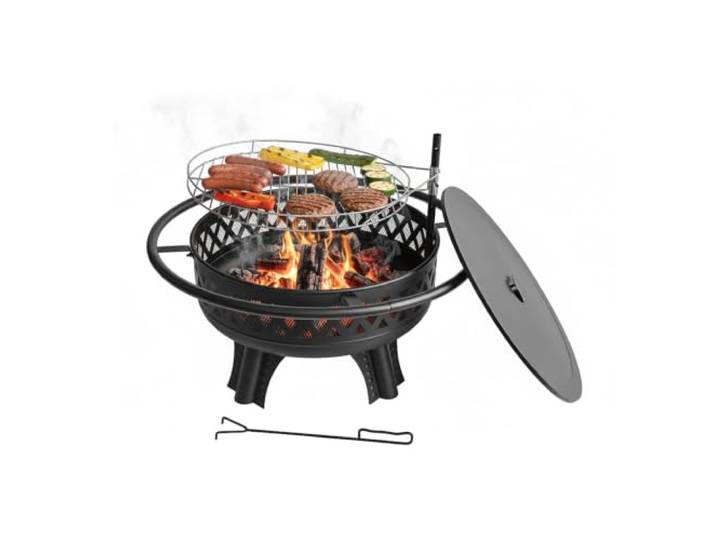 Relaxdays Feuerschale, Ø 80,5 cm, Verstellbarer Grillrost, Deckel & Schürhaken, Feuerstelle Garten, Feuerkorb, schwarz