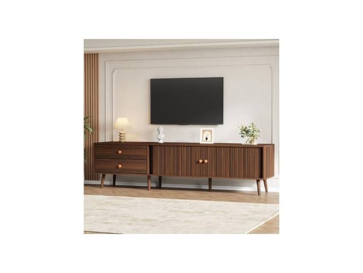 Meuble TV noyer 180 cm avec 2 tiroirs 2 portes coulissantes et grand rangement style vintage