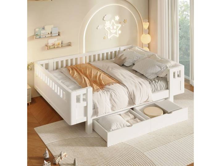 Lit enfant plateforme 140x200 cm Barrières de sécurité hautes 2 grands tiroirs Bois massif Style scandinave Blanc