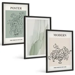 BILDER SET 3er Set - 40x60 cm Schwarzer Rahmen - Blumen in einer modernen Vase
