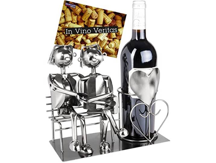 BRUBAKER Flessenhouder Gay Lovers on Bench - Wijnfles Houder Zilver - Fles Stand Metalen Figuur Homo's op de Bank - Metalen Sculptuur Cadeau voor Koppels met Cadeaubon