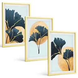 BILDER SET 3er Set - 40x60 cm Goldrahmen - Ginkgoblätter, heller Hintergrund