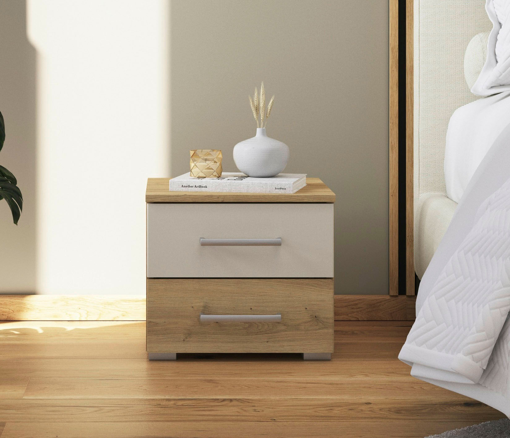 Nachtkommode RAUCH "Nachttisch Nachtkonsole Beistelltisch Kommode Sideboard BURANO", braun (eiche artisan, champagner), B:40cm H:36cm T:40cm, Holzwerkstoff, Sideboards, Nachtkommode, mit farblich abgesetzter Schublade MADE IN GERMANY eiche artisan, champa