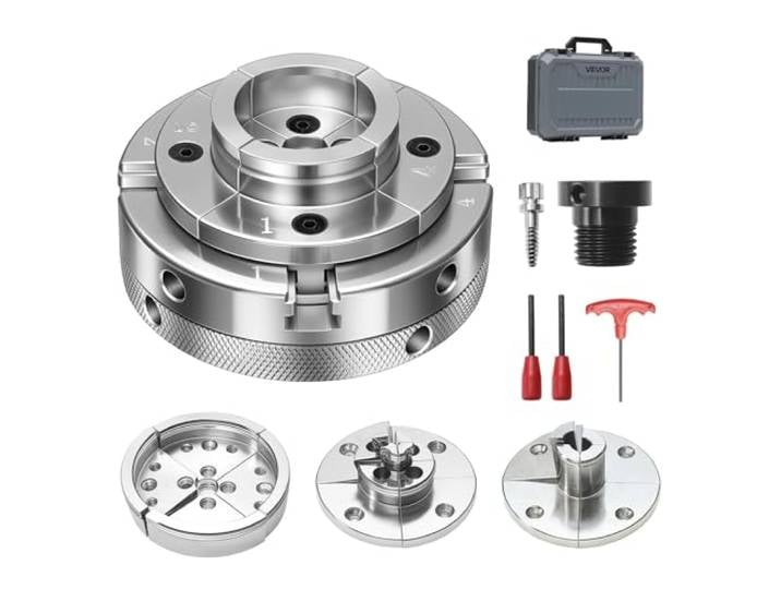VEVOR Mandrin de Tour à Bois 100 mm Mandrin de Tour à 4 Mors Autocentrant pour Tournage Bois avec Adaptateur 1 pouce x 8 TPI\, 4 Mâchoires Rondes/Étagées/à Broches\, Mallette\, Acier Haute Dureté Nickelé