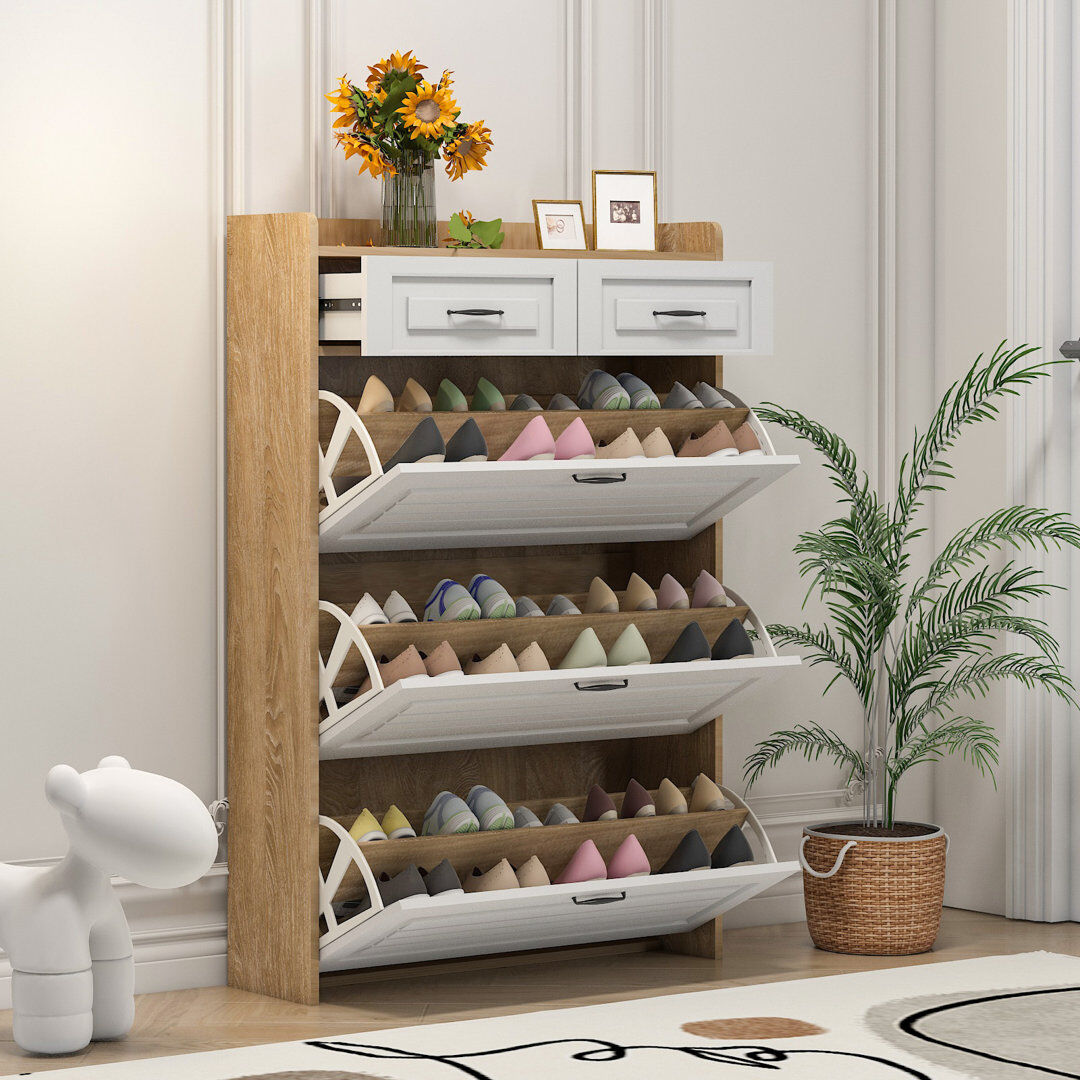 Ebern Designs 18 Pair Flip Down Shoe Storage Natural Wood 24
