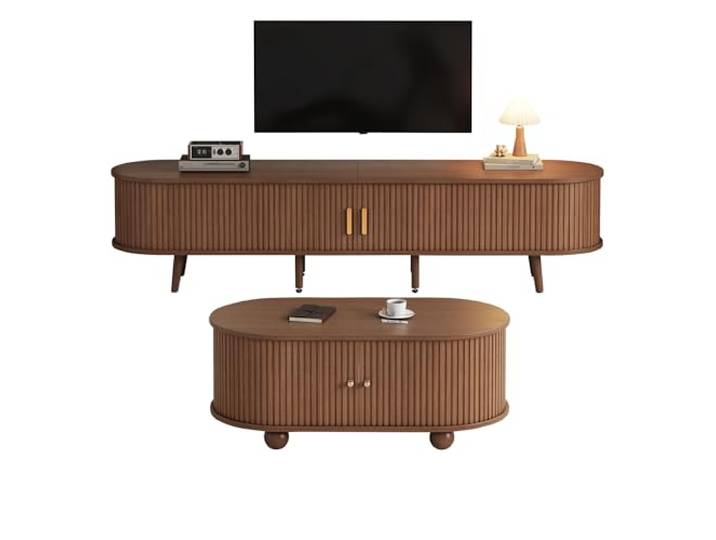 Ropilly TV-Schrank und Couchtisch Set Nussbaum Lowboard 170 cm breit Nussbaum Wohnzimmerset aus MDF mit Massivholzbeinen, zahlreiche Schubladen und Ablagefächer.