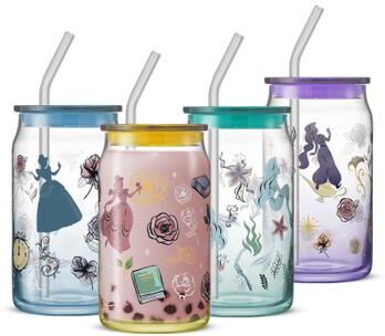 JoyJolt Disney Princess Icon Tumbler Glasses with Lids - 16 oz - Set of 4
