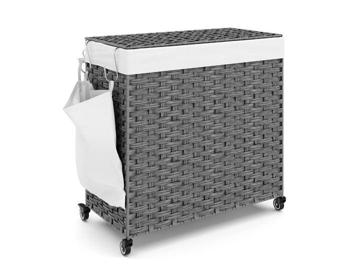 Wäschekorb Rattan mit Deckel 3 Fächer 129L grau