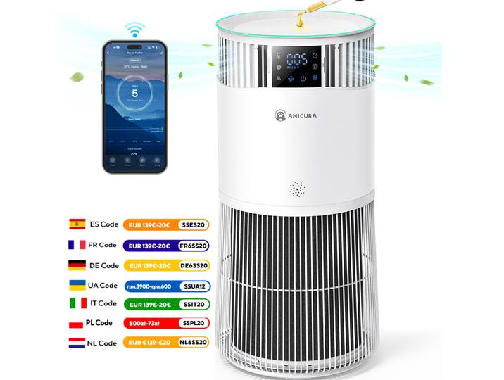 Amicura P2 Purificateur d'air 2-en-1 avec humidificateur pour la maison, contre les allergies et les poils d'animaux, pour les fumeurs dans la chambre, filtre HEPA H13 véritable