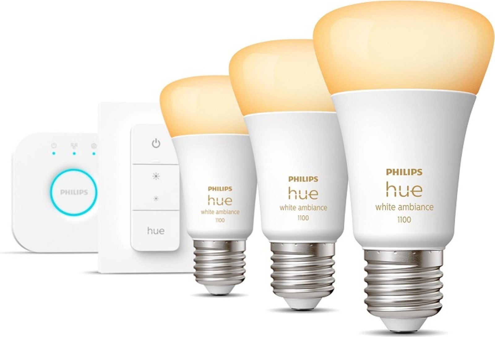Philips Hue White Ambiance Startpakket E27 met drie LED-lampen, één Hue Bridge en één dimmer