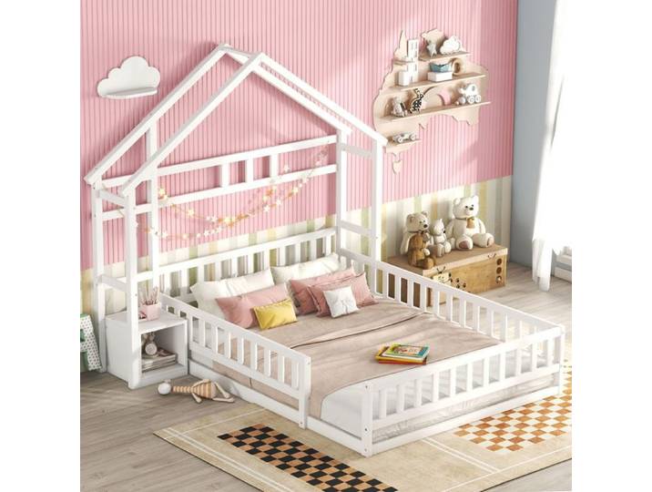 Lit Cabane Enfant - SOGEU - Lit cabane 140x200 - Bois pin massif - Barrière 31 cm - Sommier inclus