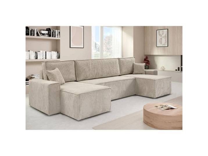 Ecksofa HEKTOR U-Form mit Schlaffunktion und Bettkasten, Couch in Hellbeige, Ottomane 100 cm