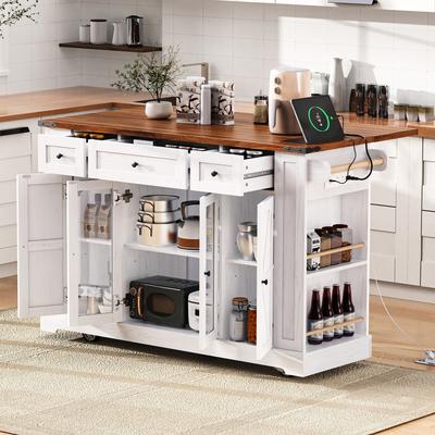 Cusp Barn 53'' Farmhouse Kitchen Island with Two Tempered Glass Cabinet Doors, Power Outlet, Rolling Kitchen Cart on Wheels with Drop Leaf