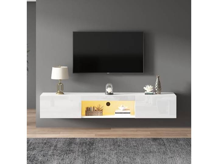 Ball & Cast TV Board hängend mit Staufächern, Sideboard Wohnzimmer TV mit integrierter Beleuchtung, 160x31x22 cm, Weiß