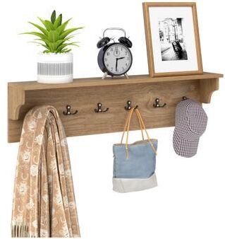Costway Wall Hooks with Shelf 31.5inch Wooden Coat Rack with 6 Hooks for Hats Towels Purses Robes-Natural