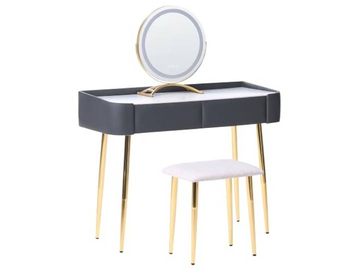 Schminktisch mit LED-Spiegel rund 2 Schubladen Hocker grau Glamour Surin