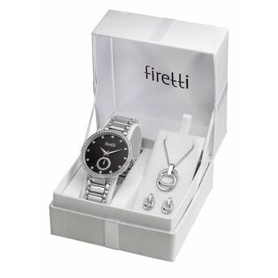 Quarzuhr FIRETTI "Spectrum", silber (silberfarben, schwarz), Armbanduhren, Damen, silberfarben, Quarzuhr, Armbanduhr, Damenuhr, Glitzersteine, Geschenkset