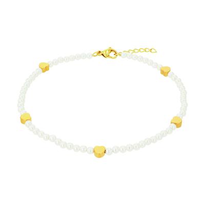 Fußkette AMOR "mit Herzen", gelbgoldfarben, weiß, Fußketten, Damen, Edelstahl Perlen, Edelstahl, Perlen, mit Glasperle