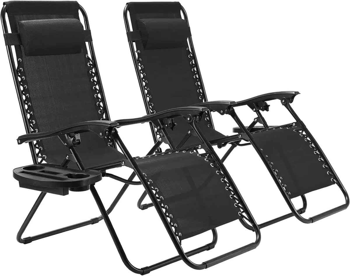 Jently Set van 2 Opvouwbare Buitenstoelen met Armleuning en Bekerhouder - Zwart