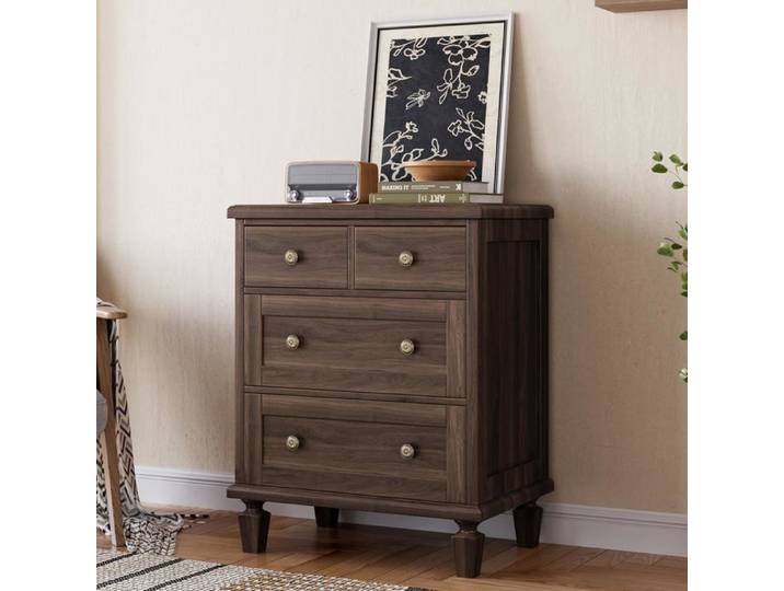 Koioplie Commode vintage mid-century 4 tiroirs en bois patiné meuble rangement chambre 2 petits + 2 grands tiroirs - Dark brown