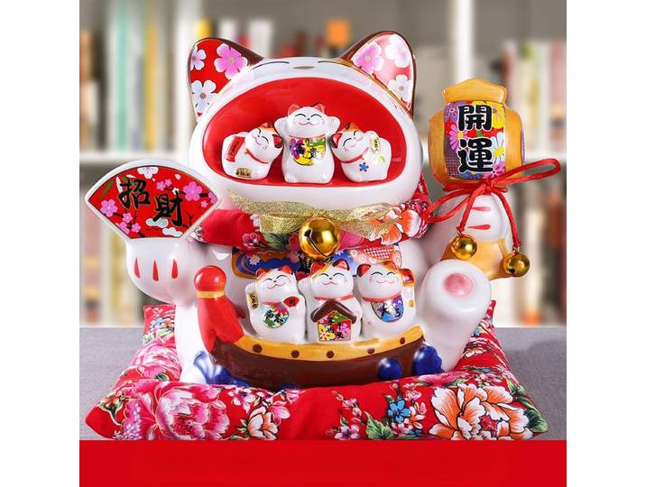 Grand chat porte-bonheur chinois en céramique de 11 pouces, Maneki Neko, chat japonais porte-bonheur, cadeau de décoration pour la maison ou le bureau