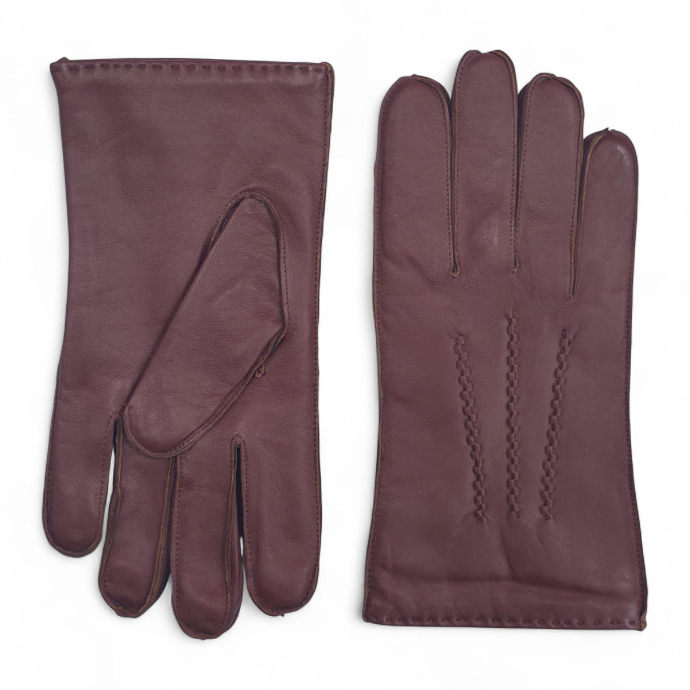 Herrenhandschuhe aus kastanienbraunem italienischem Leder mit warmem Wollfutter, Winter-Ziernahtdesign, Reit- und Fahrhandschuhe für Freizeit und Freizeit