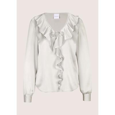 Langarmbluse MADELEINE "Bluse Satinbluse mit gestuften Volants", Damen, Gr. 42, silbergrau, Modern, tailliert, V-Ausschnitt, Blusen